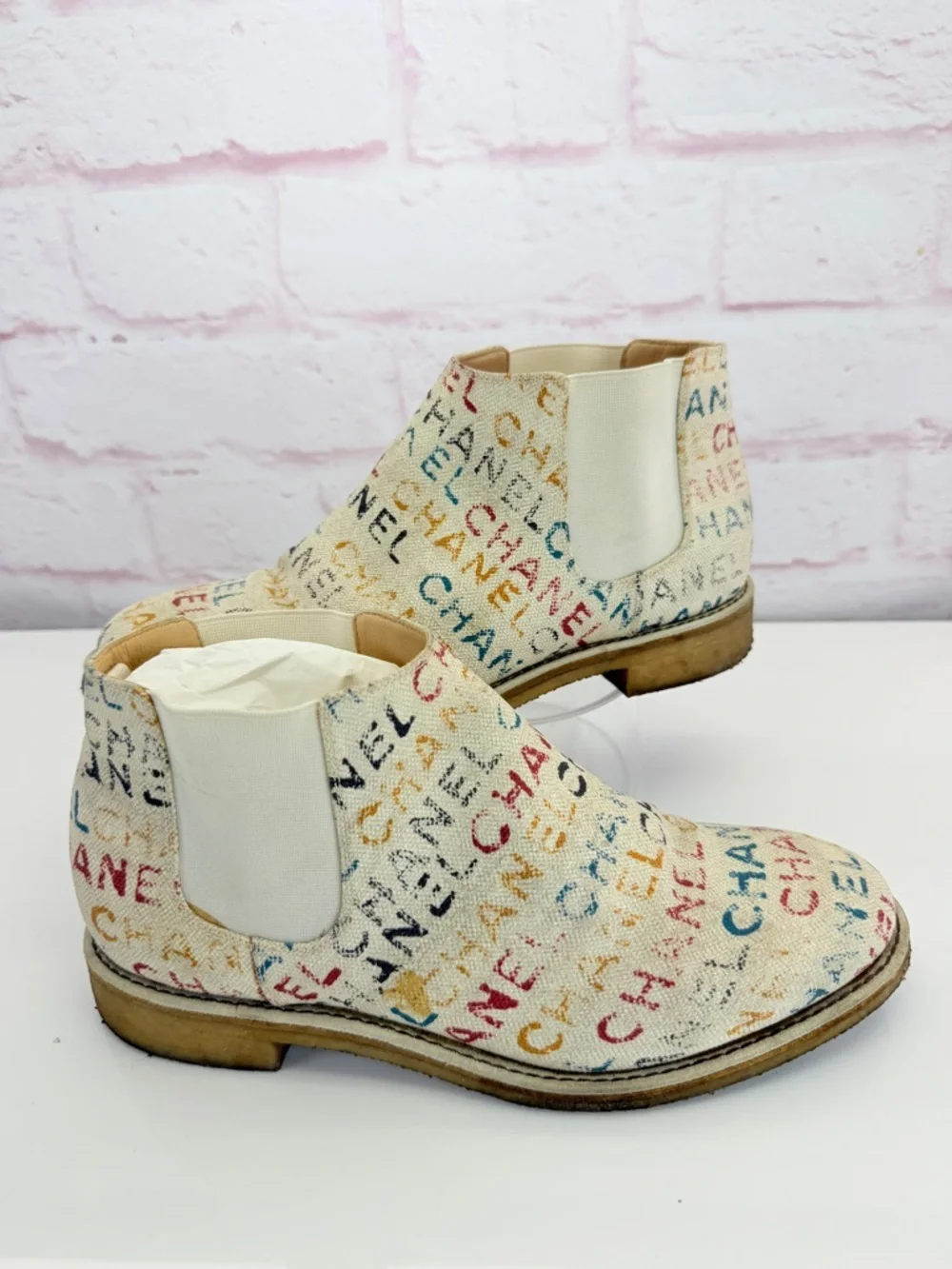 Chanel Graphic Multicolor Logo Canvas Chelsea Boots 41